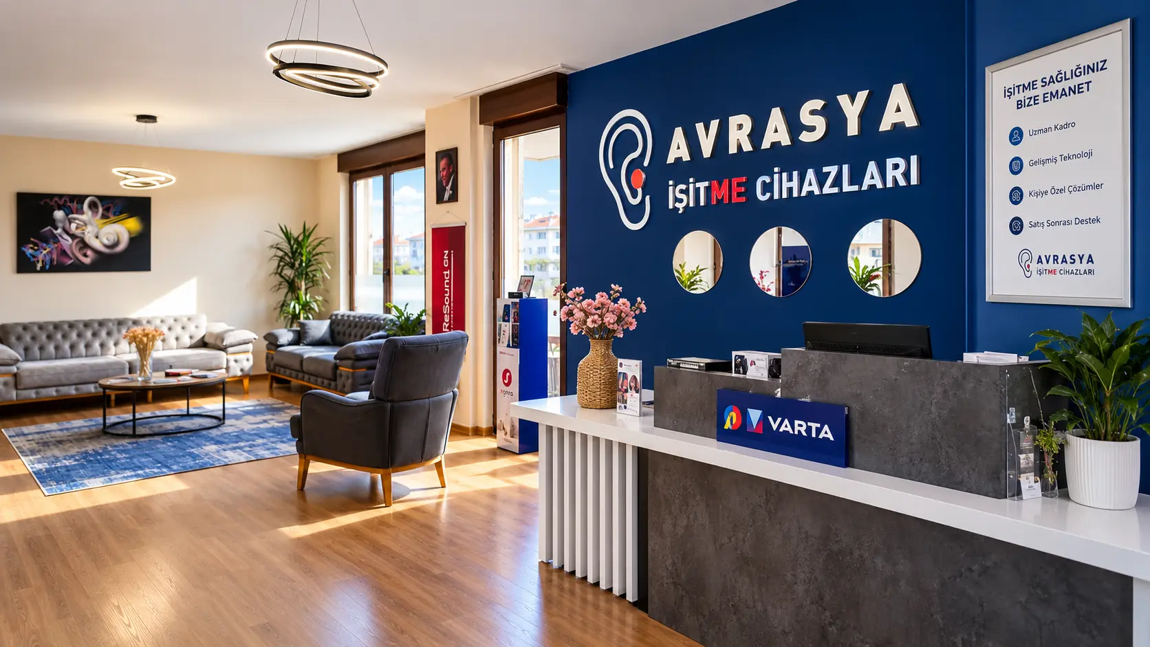 Avrasya İşitme Cihazları'nın Darıca'daki merkezinin resepsiyon ve bekleme alanı